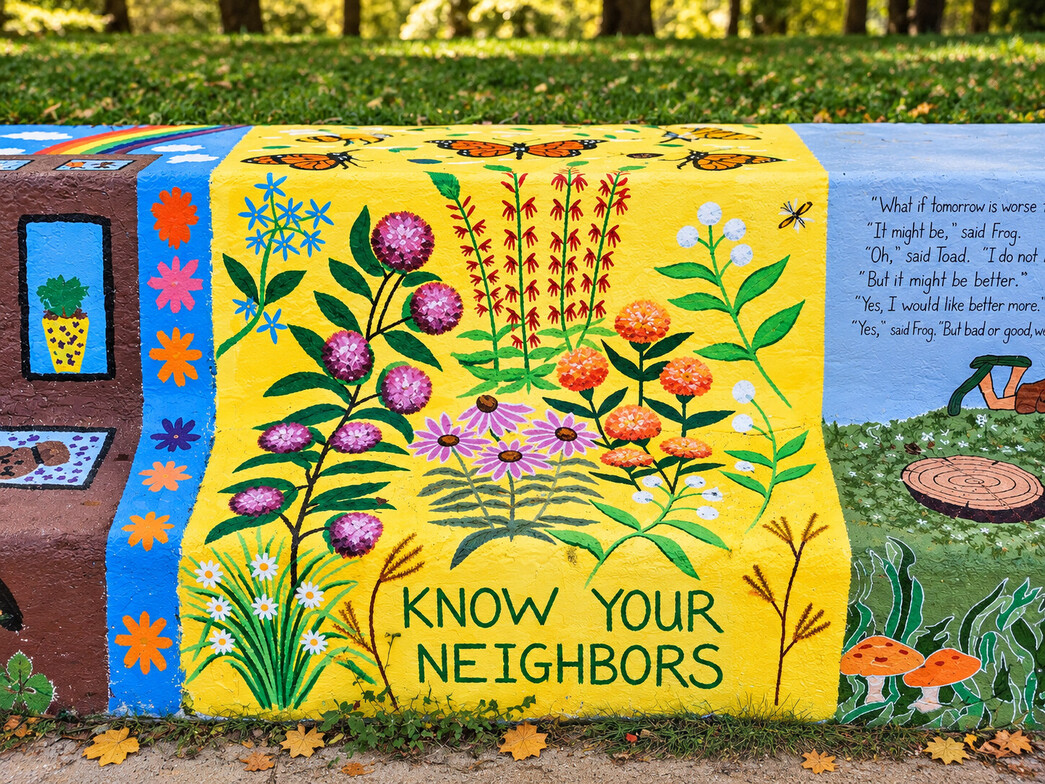 Colorful hand-painted mural at the Loyola Beach Art Wall in Chicago, featuring vibrant flowers, butterflies, and the words “Know Your Neighbors” against a bright yellow background.